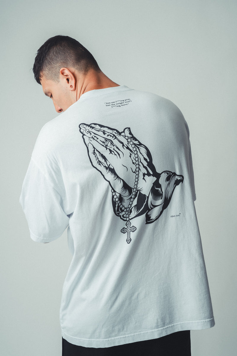 XENO “PRAYING HANDS” OVERSIZED TEE BLEACH WHITE