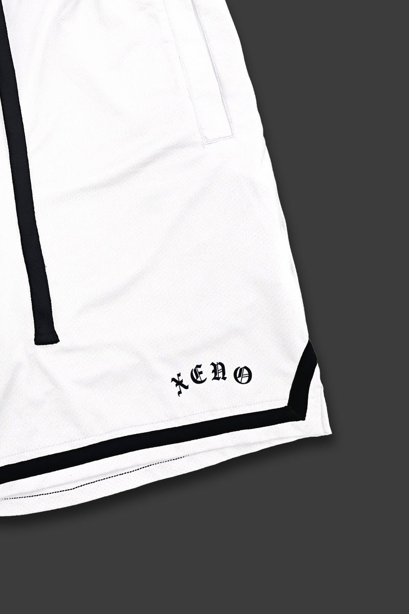 XENO BLACK LETTER MESH SHORTS WHITE