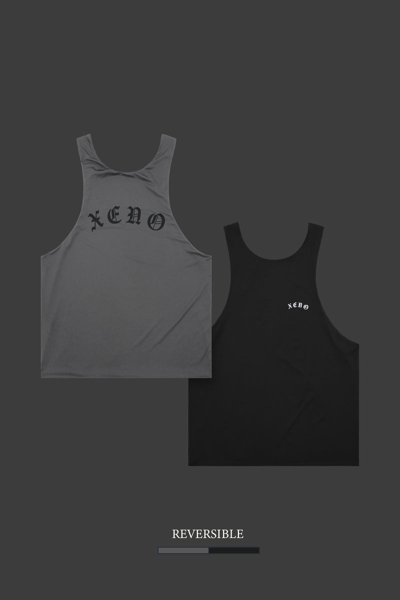 XENO BLACK LETTER REVERSIBLE MESH TANK GRAY x BLACK