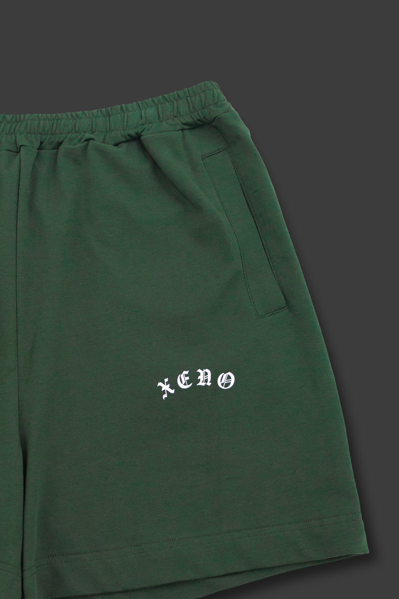 XENO BLACK LETTER SWEAT SHORTS DARK GREEN