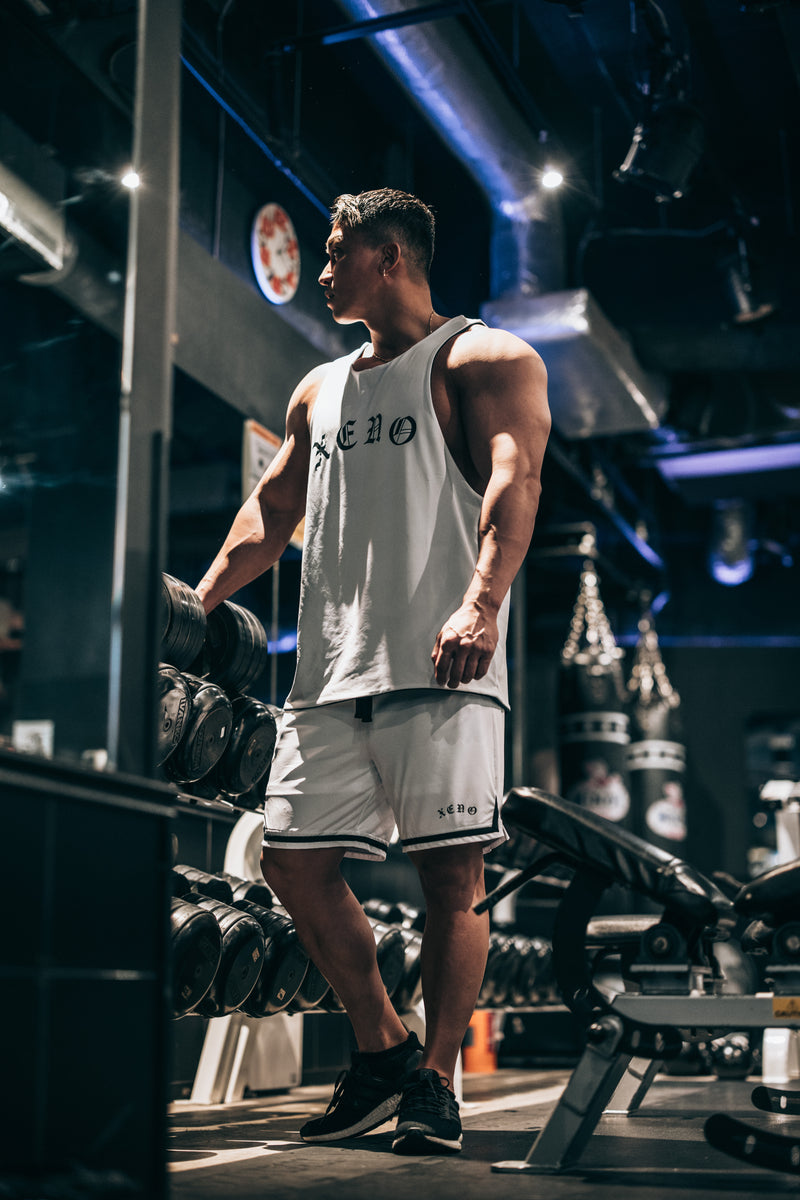 XENO BLACK LETTER MESH SHORTS WHITE