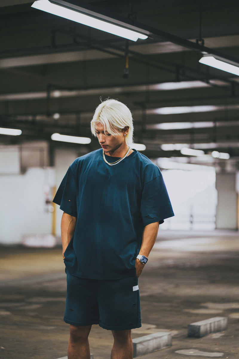 XENO DAMAGE SWEAT SHORT PANTS NAVY